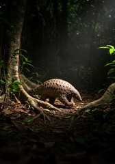 Armored Armadillo Walking in Dense Jungle Forest During Daylight