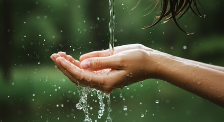 Child Hands Rinsing with Water in Nature Green Background