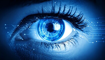 Close-up of a human eye digitally enhanced with blue circuit patterns
