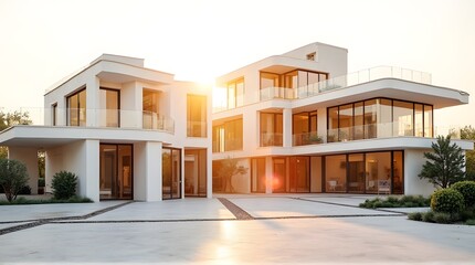Modern White Luxury Villa with Glass Balconies and Sun Flare