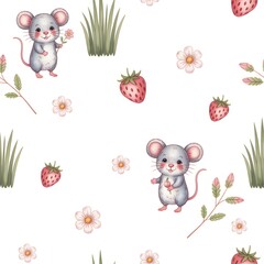 Cute Mice and Strawberries Seamless Pattern