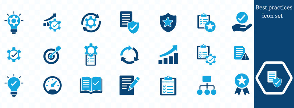 Best practices icon set. workflow, guidelines, performance, standards, improvement, protocols, procedures and methodology