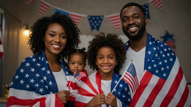 A happy african american family smiles proudly, wrapped in american flags during a patriotic celebration