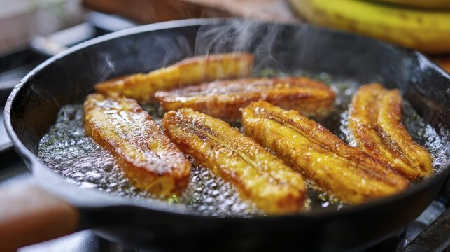 Delicious fried tajadas cooking in cast iron pan - home cooking delight