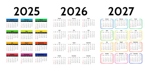 Set of calendars for 2025, 2026 and 2027 on a white background
