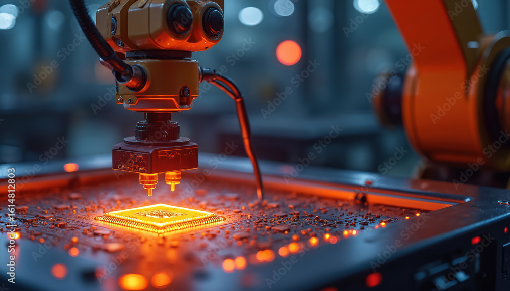 Poster robotic arm precision assembly in electronics manufacturing. automated machine performs intricate ta
