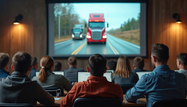 Group of truck drivers attends classroom training session. Diverse professionals watch instructional video on large screen, focusing on road safety, logistics. Teamwork, learning in pro development