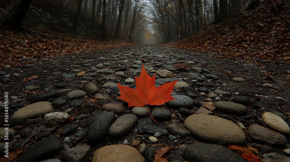 Poster vibrant red maple leaf on pebbled path in misty forest setting