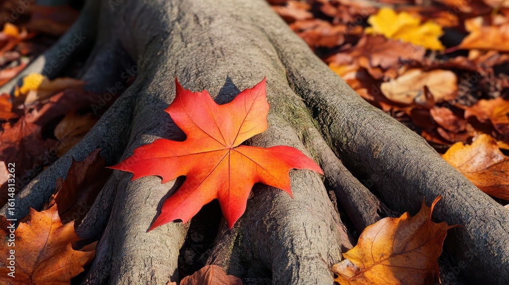 Poster vibrant red maple leaf resting on a textured tree root