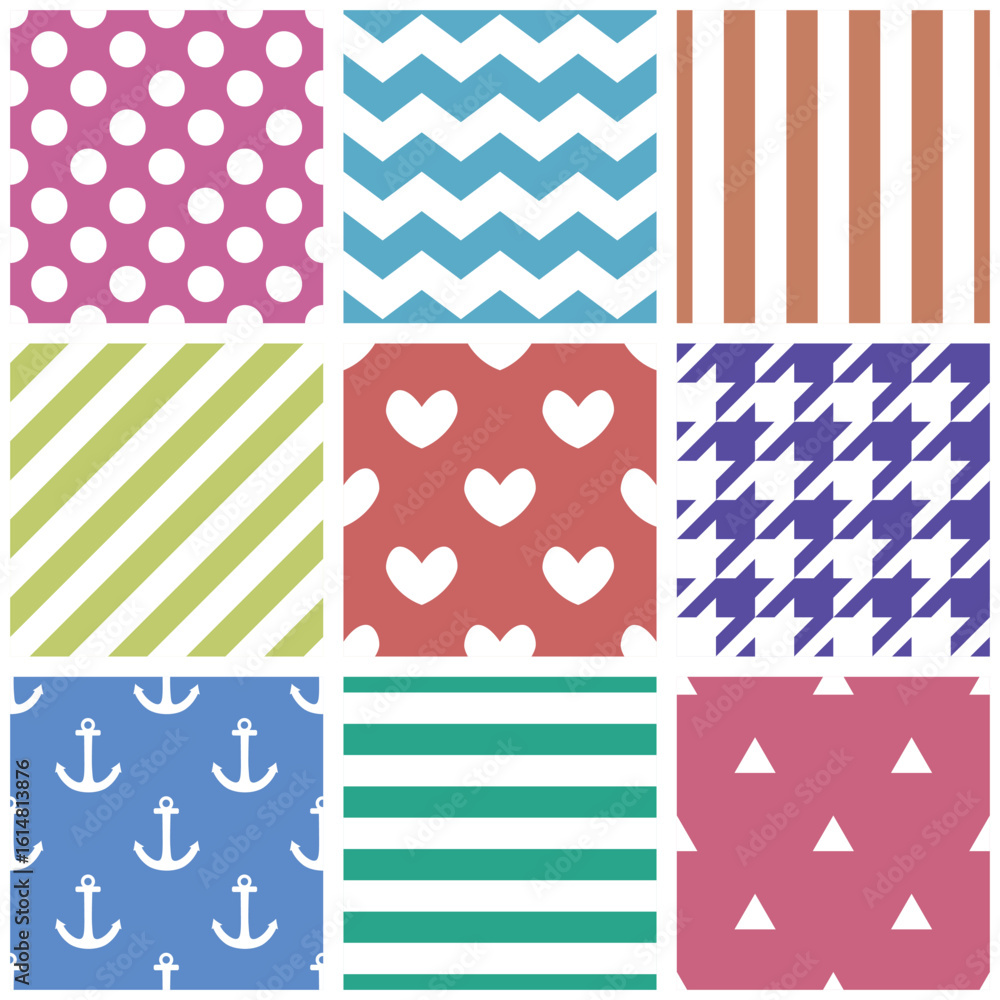 Poster tile colorful vector pattern set with polka dots, hearts, triangle, hounds tooth, zig zag and stripe