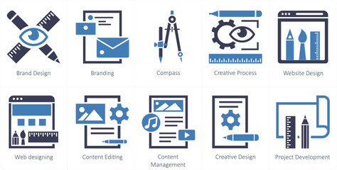 A set of 10 mix icons as brand design, branding, compass