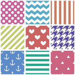 Tile colorful vector pattern set with polka dots, hearts, triangle, hounds tooth, zig zag and stripes background