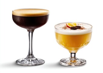 Two elegant cocktails in coupe and rocks glasses