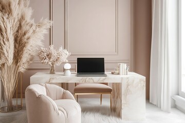 feminine sophisticated home office with sleek laptop on a marble desk, complemented by soft neutral tones and delicate pampas grass decor., trending content for instagram faceless digital marketing.
