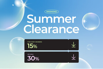 Modern Summer Clearance Sale Banner with Soap Bubbles and Discount Labels - Vector Template
