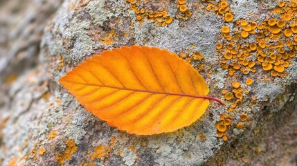 Vibrant Yellow Leaf on Rough Stone Surface with Lichen Texture