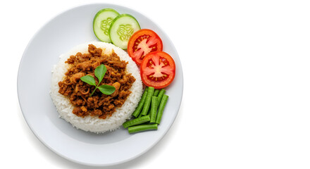 Savory Rice Bowl with Ground Meat and Fresh Vegetables on White Plate