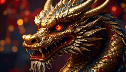 Close-up of a majestic golden dragon's head, intricate details, glowing eyes