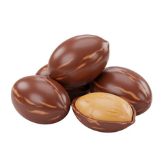 A tempting arrangement of chocolate-covered treats with a single nut exposed offering a delicious visual experience.