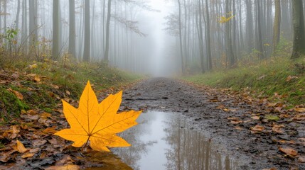 Vibrant Yellow Leaf on Wet Path in Misty Forest Landscape
