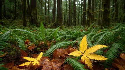 Vibrant Yellow Leaves Amidst Lush Green Ferns in a Dense Forest