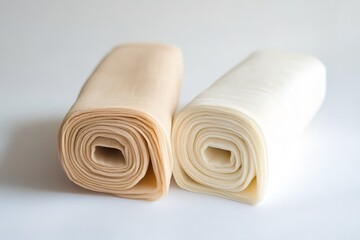 Rolled white and beige fabric rolls.