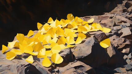 Vibrant Yellow Leaves on Rocky Surface by Calm Water Body