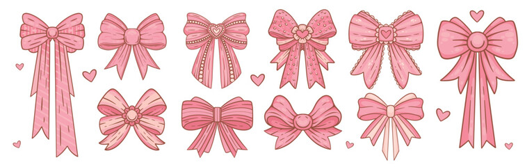 Pink Ribbon Bows in Girly Aesthetic Collection. Different size and shape Romantic decorative elements with hearts, lace, and pastel elegance