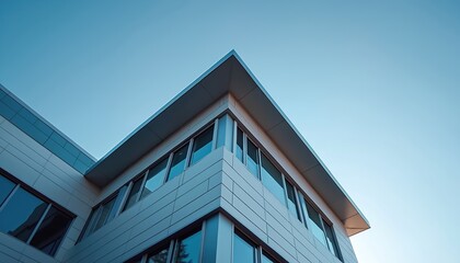 Modern office building exterior with clean lines, glass windows against clear blue sky. Architecture contemporary design with steel structure elements, reflecting corporate business environment.