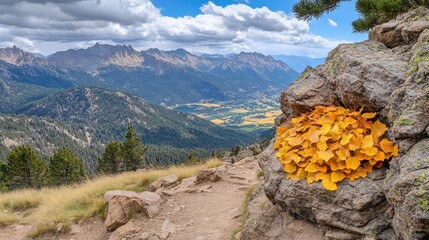 Vibrant Yellow Leaves on Rocky Outcrop Against Mountain Landscape