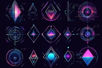 Set of Abstract geometric shapes trending futuristic line design elements, infographic shapes. Modern trendy retro futurism digital vaporwave. Retrofuturistic Vector illustration for UI and UX.