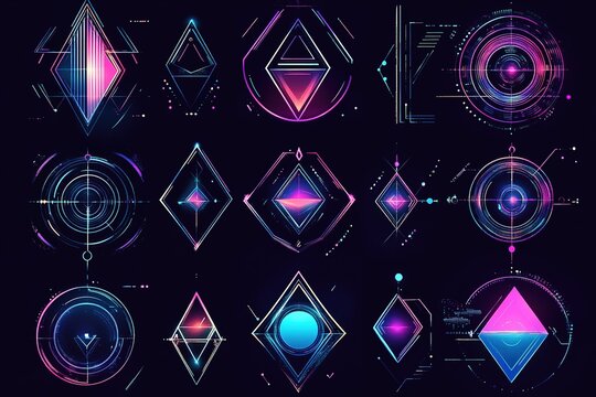 Set of Abstract geometric shapes trending futuristic line design elements, infographic shapes. Modern trendy retro futurism digital vaporwave. Retrofuturistic Vector illustration for UI and UX. - Powered by Adobe