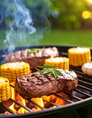 Grilling steaks and corn outdoors