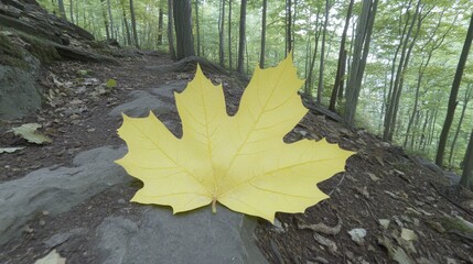 Vibrant Yellow Maple Leaf on Rocky Forest Path in Autumn Season