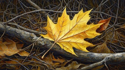 Vibrant Yellow Maple Leaf on Twisted Branches in Autumn Scene
