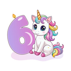 An invitation to a birthday party. Cute unicorn with the number 6. Vector illustration.