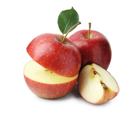 Fresh whole, cut apple slices with leaf isolated on white