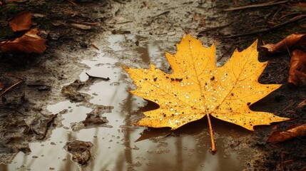 Vibrant Yellow Maple Leaf on Wet Ground Surrounded by Nature