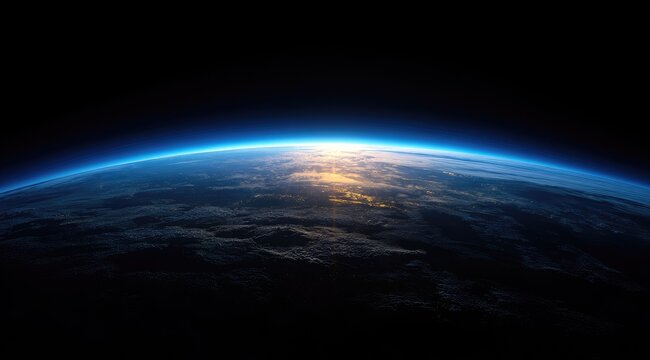 A breathtaking view of Earth from space, showcasing the planet's curvature, a vibrant blue atmosphere, and the sun's glow on the horizon, with a mix of dark and light cloud formations