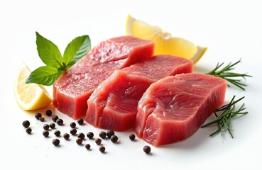Three fresh tuna steaks on white background with lemon wedges, basil, rosemary, and peppercorns. Offers a healthy, gourmet dining experience showcasing premium seafood preparation.