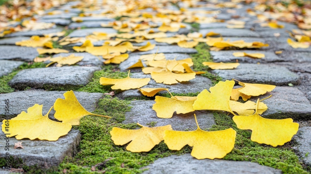Poster yellow ginkgo leaves on cobblestone path in autumn setting