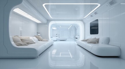 A futuristic, minimalist interior design showcasing a spacious, open-plan living area with sleek white furniture and reflective flooring, illuminated by subtle, integrated lighting