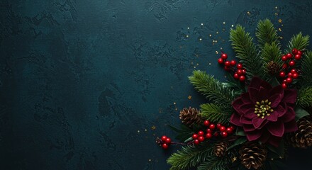 Christmas decorations with red berries on dark blue.

