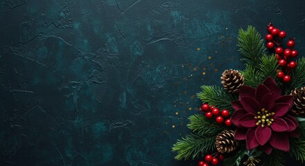 Christmas decorations with red berries on dark blue.

