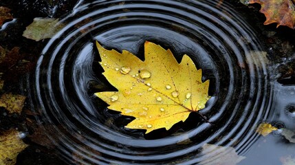 Yellow Leaf Floating on Water Surface with Raindrops and Ripples