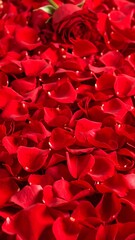 A close-up of many vibrant red rose petals