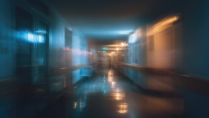 Long, dimly lit hallway with doors and muted colors