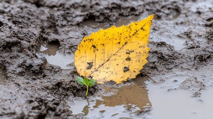 Yellow Leaf on Wet Ground with Green Sprout Emerging from Mud