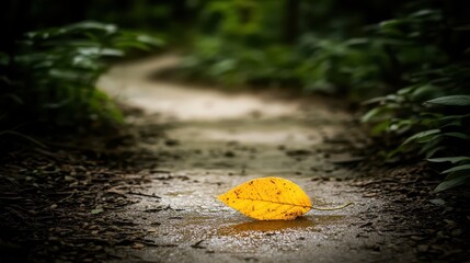 Yellow Leaf on Wet Path Through Forest with Lush Green Foliage