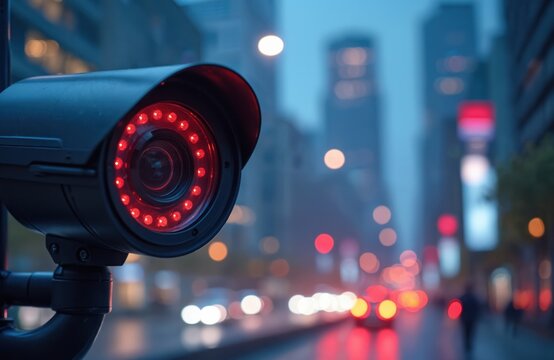 Outdoor surveillance camera with red infrared lights monitors city street traffic, pedestrians. CCTV technology integrated with face recognition in smart city environment. Secures urban areas, - Powered by Adobe